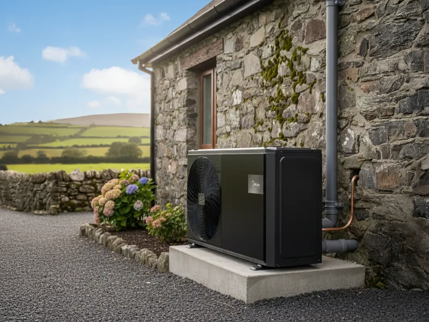 heat pump system, home heat pump, air source heat pump, residential heat pump, energy efficient heating, heat pump installation, heating and hot water system, renewable heating solution, modern heat pump system, low carbon heating