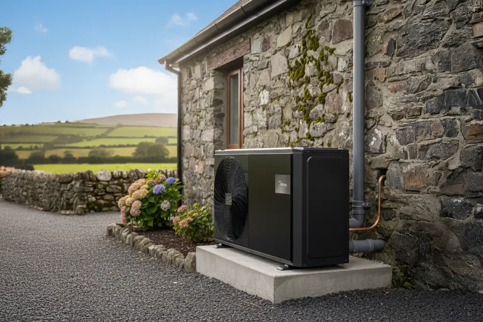 heat pump system, home heat pump, air source heat pump, residential heat pump, energy efficient heating, heat pump installation, heating and hot water system, renewable heating solution, modern heat pump system, low carbon heating