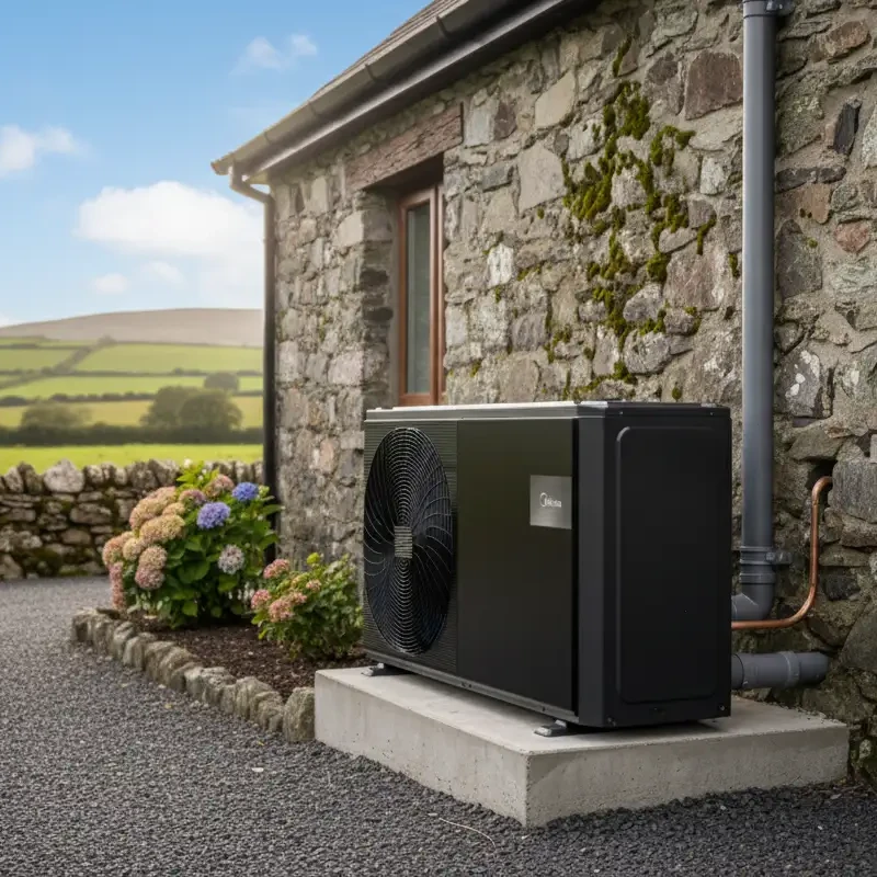 heat pump system, home heat pump, air source heat pump, residential heat pump, energy efficient heating, heat pump installation, heating and hot water system, renewable heating solution, modern heat pump system, low carbon heating